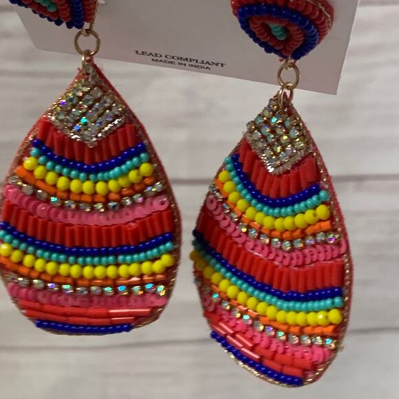 Natasha Multi-Color Beaded Dangle Earrings Striped Felt Back Post Push Back - Picture 13 of 16